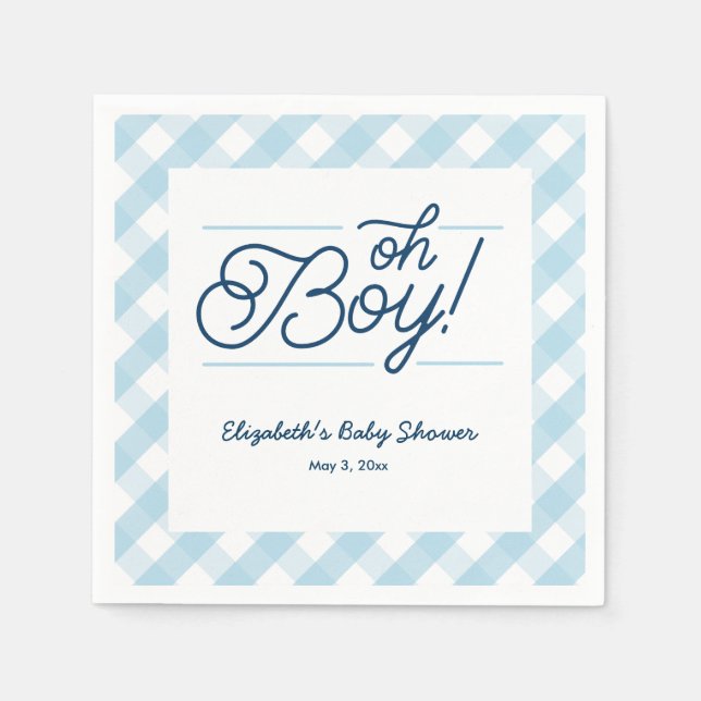 Blue Gingham "Oh Boy" Baby Shower Napkins Pappersservett (Framsidan)