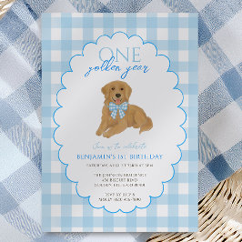 Blue Gingham One Golden Year 1st Birthday Puppy Inbjudningar