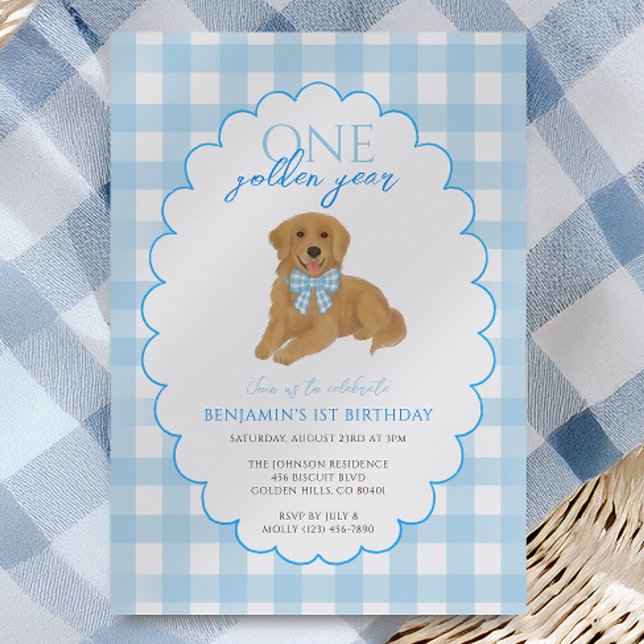 Blue Gingham One Golden Year 1st Birthday Puppy Inbjudningar (Skapare uppladdad)