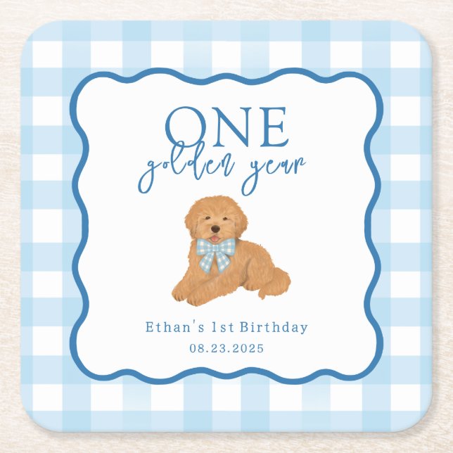 Blue Gingham One Golden Year First Birthday Underlägg Papper Kvadrat (Framsidan)