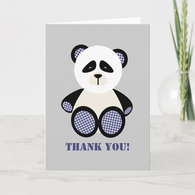 Blue Gingham Panda Bear Baby Shower Tack Kort (Framsida)