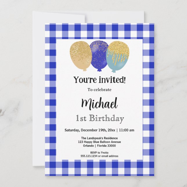 Blue Gingham, Party-ballonger 1:a födelsedagen Inbjudningar (Framsida)