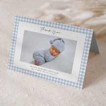 Blue Gingham Pattern Boys Photo Thank You Card