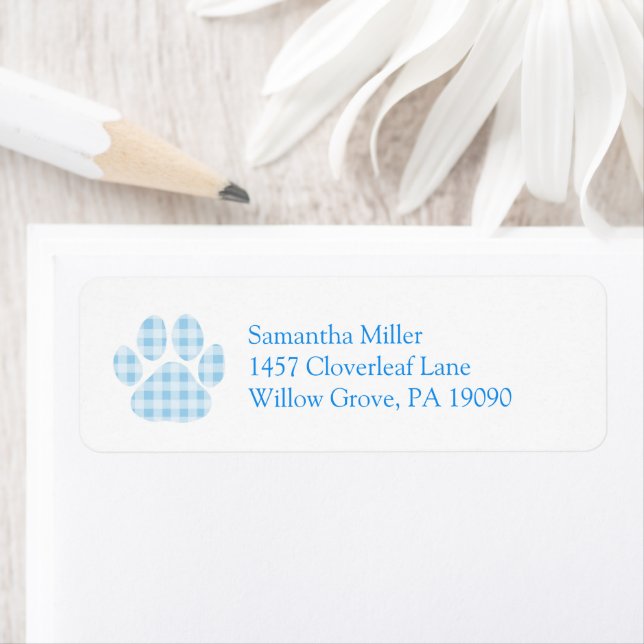 Blue Gingham Paw Print Return Address Label Returadress Etikett (Insitu)