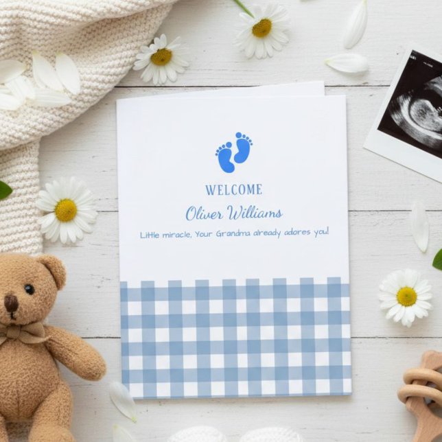Blue Gingham Personalized Baby Welcome Card  Kort (Skapare uppladdad)