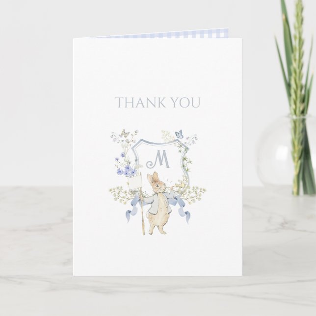 Blue Gingham Peter Rabbit Baby Showe Tack Kort (Framsida)