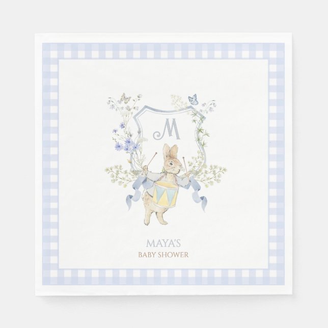 Blue Gingham Peter, Rabbit Baby Shower MUTED BL Pappersservett (Framsidan)