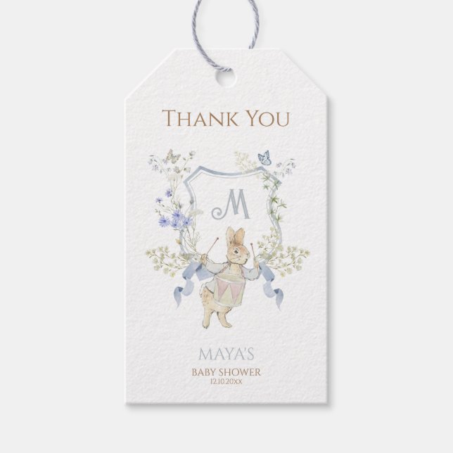 Blue Gingham Peter, Rabbit Baby Shower MUTED BL Presentetikett (Framsidan)