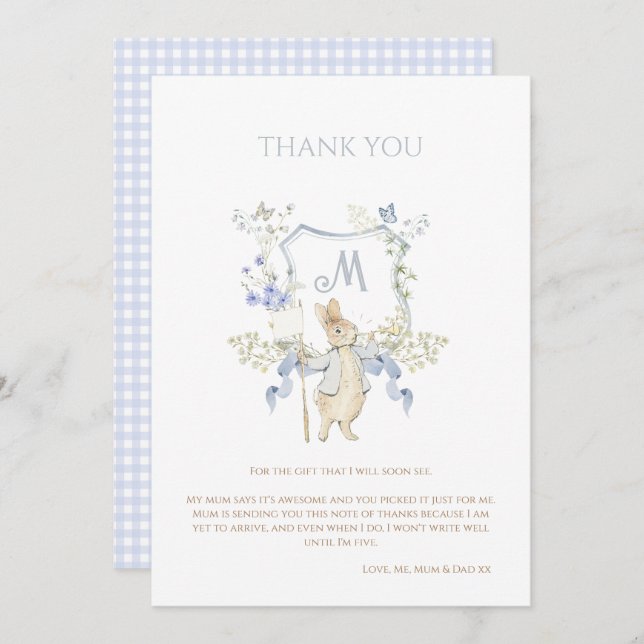 Blue Gingham Peter, Rabbit Baby Shower MUTED BL Tack Kort (Fram/baksida)