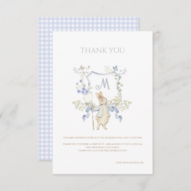 Blue Gingham Peter, Rabbit Baby Shower MUTED BL Tack Kort (Fram/baksida)