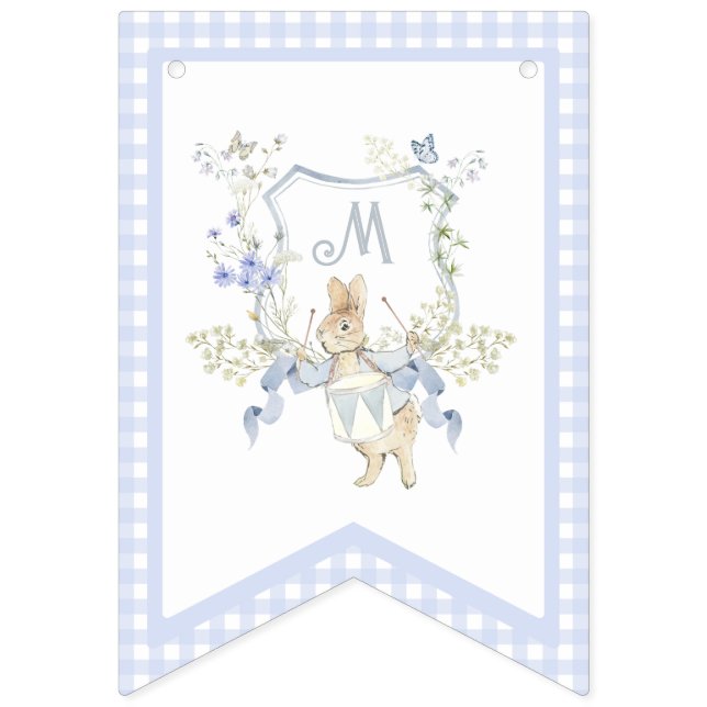 Blue Gingham Peter, Rabbit Baby Shower MUTED BL Vimplar (Femte flaggan)
