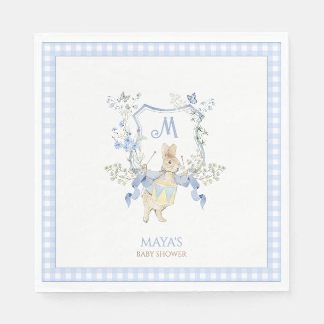 Blue Gingham Peter, Rabbit Monogram Baby Shower Pappersservett (Framsidan)