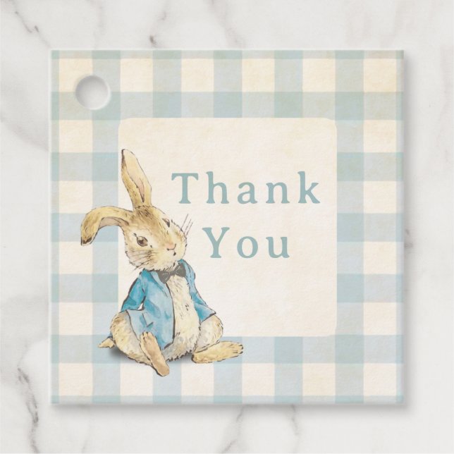 Blue Gingham Peter The Rabbit Birthday Tack Gåvor Etiketter (Framsida)