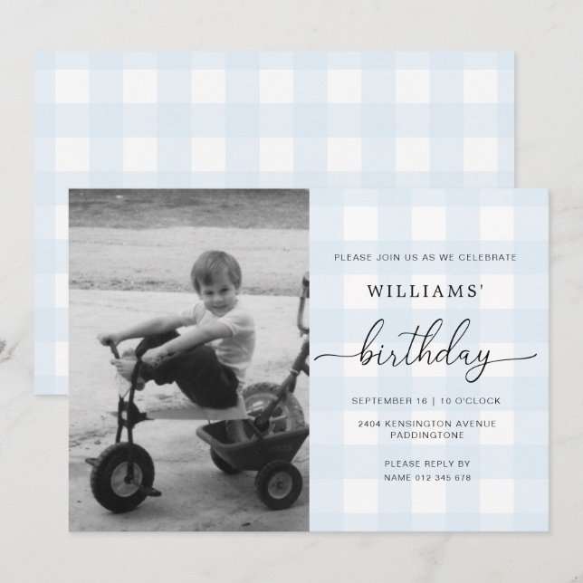 Blue Gingham Photo Birthday-inbjudan Inbjudningar (Fram/baksida)