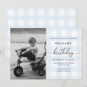 Blue Gingham Photo Birthday-inbjudan Inbjudningar