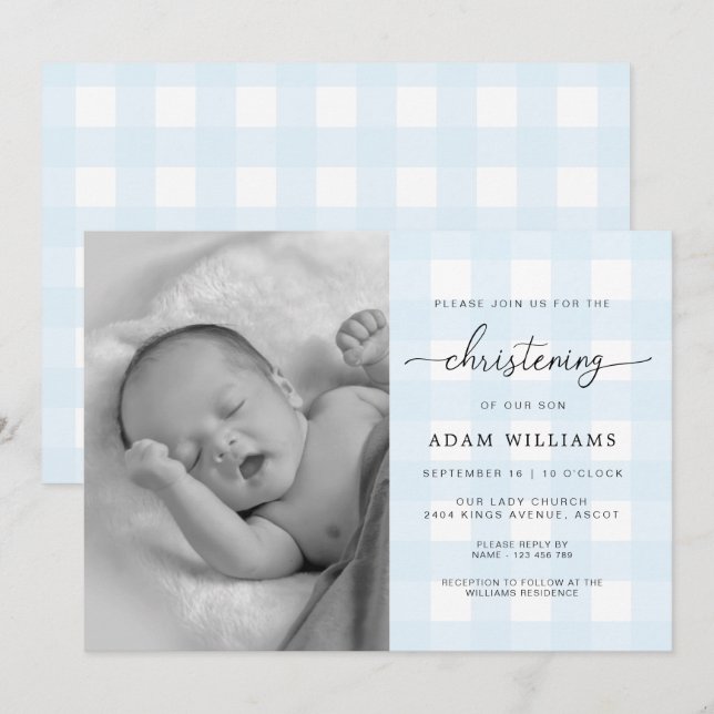 Blue Gingham Photo Christening-inbjudan Inbjudningar (Fram/baksida)