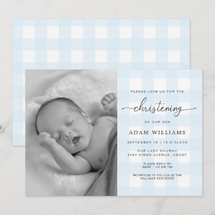 Blue Gingham Photo Christening-inbjudan Inbjudningar
