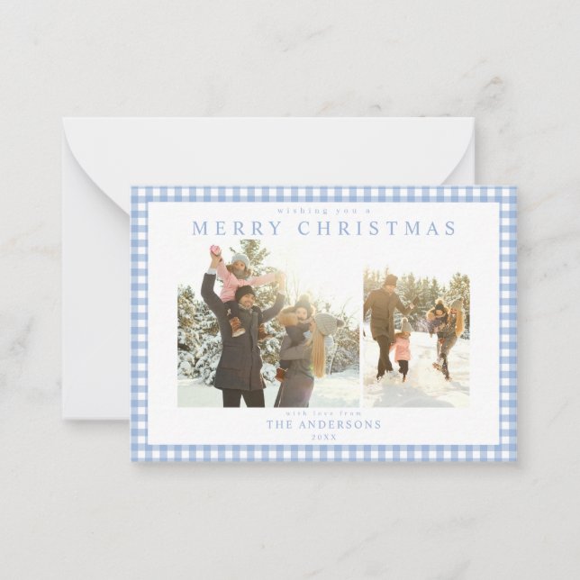 Blue Gingham Plaid Two Photo Mini Holiday Card Anteckningskort (Framsida)