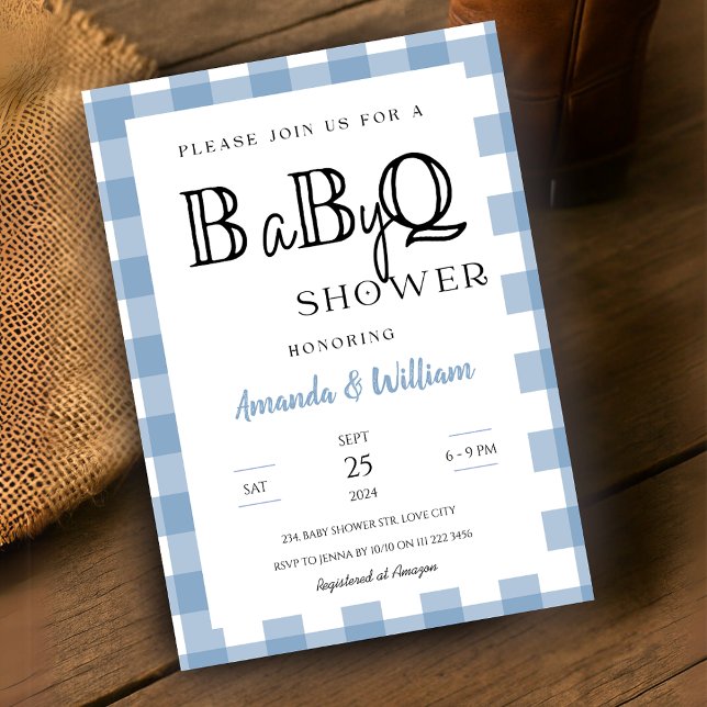 Blue Gingham Play BBQ Baby Par Shower Inbjudningar (Blue Gingham Plaid BBQ Baby Couples Shower Invitation)