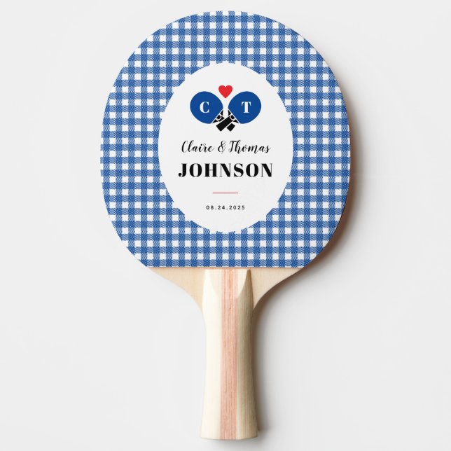 Blue Gingham Play Ping Pong Monogram Bröllop Pingisracket (Framsidan)
