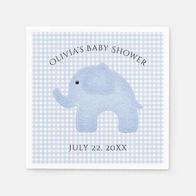 Blue Gingham Pojke Elephant Baby Shower Papper Pappersservett (Framsidan)
