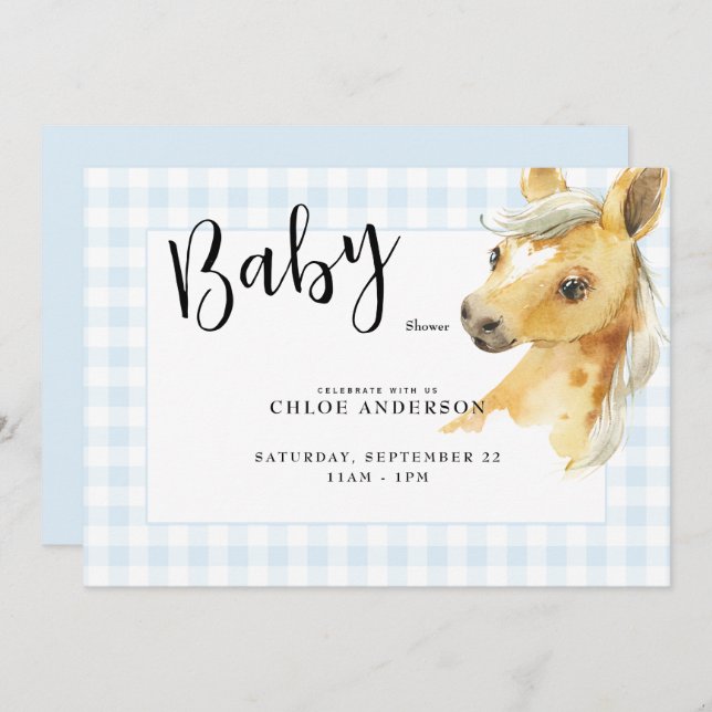 Blue Gingham Pony Baby Shower-inbjudan Inbjudningar (Fram/baksida)