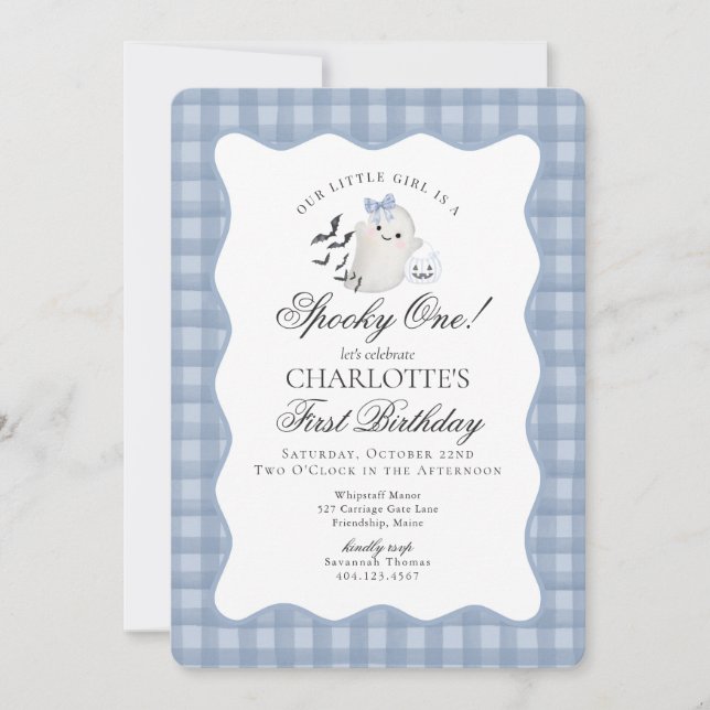 Blue Gingham Preppy Ghost Spooky One 1st Birthday Inbjudningar (Framsida)