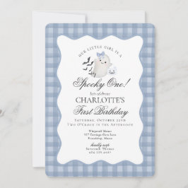 Blue Gingham Preppy Ghost Spooky One 1st Birthday Inbjudningar