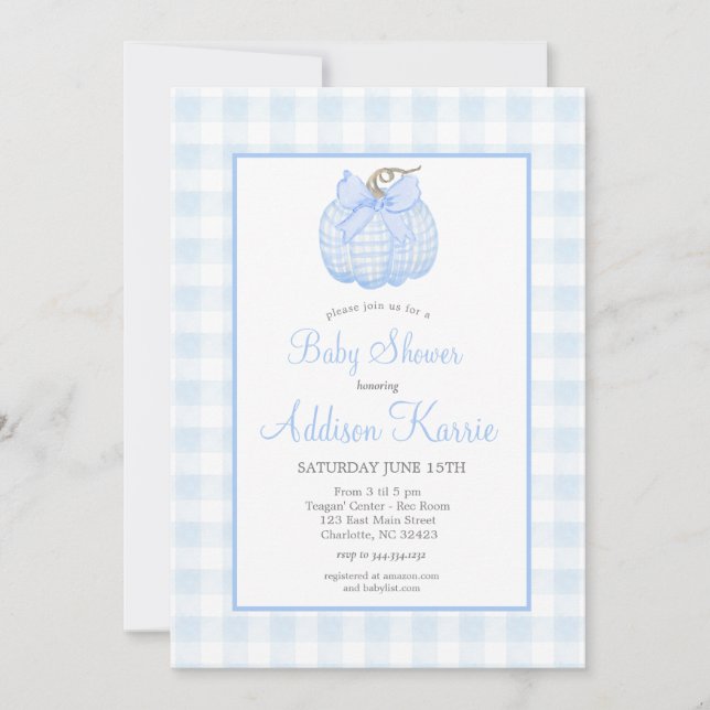 Blue Gingham Pumpkin Baby Shower-inbjudan Inbjudningar (Framsida)