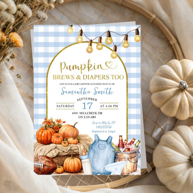 Blue Gingham Pumpkin Brews & Diaper Baby Shower Inbjudningar (Skapare uppladdad)