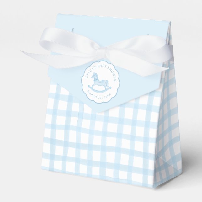 Blue Gingham Rocking Horse Baby Favor Bag Presentaskar (Framsidan Sidan)