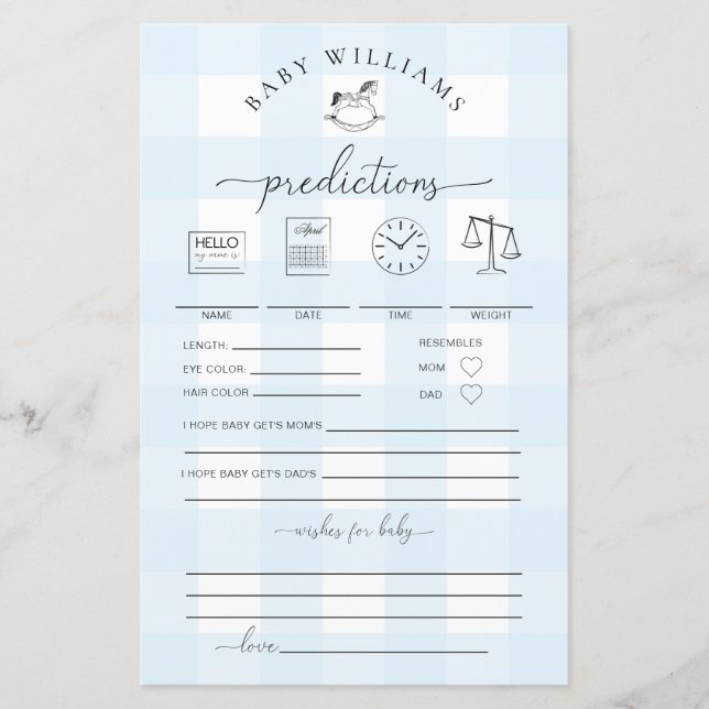 Blue Gingham Rocking Horse Baby Predictions Game (Framsida)