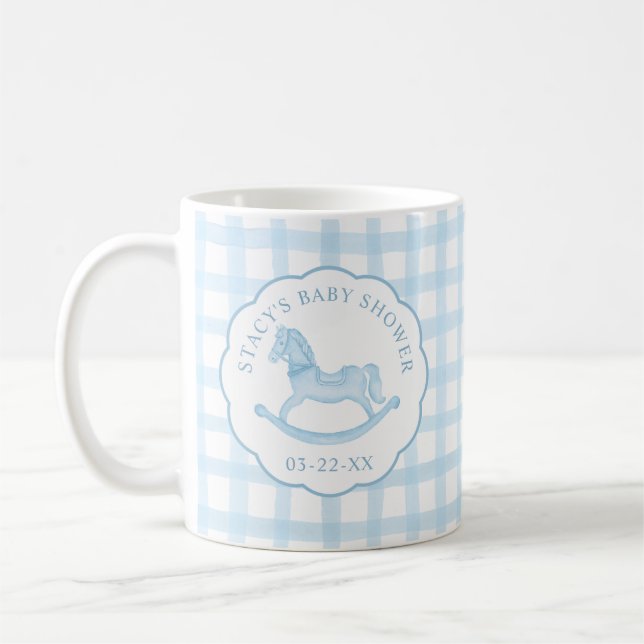Blue Gingham Rocking Horse Baby Shower Coffee Mugg (Vänster)