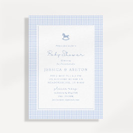 Blue Gingham, Rocking Horse, Baby Shower Inbjudan