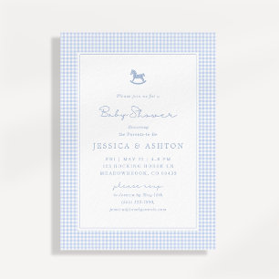 Blue Gingham, Rocking Horse, Baby Shower Inbjudan