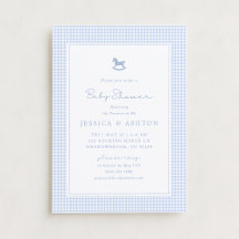 Blue Gingham, Rocking Horse, Baby Shower Inbjudan
