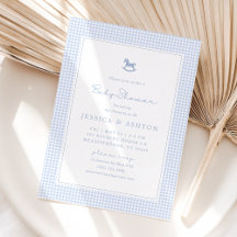 Blue Gingham, Rocking Horse, Baby Shower Inbjudan