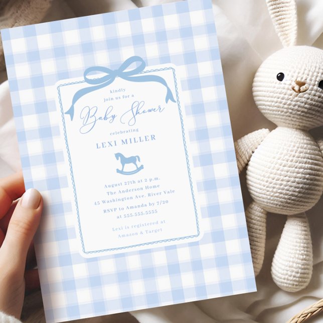 Blue Gingham Rocking Horse Baby Shower-inbjudan Inbjudningar (Skapare uppladdad)