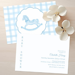 Blue Gingham Rocking Horse Baby Shower-inbjudan Inbjudningar