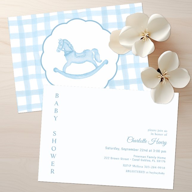Blue Gingham Rocking Horse Baby Shower-inbjudan Inbjudningar (Blue Rocking Horse Gingham Baby Shower Invitation)
