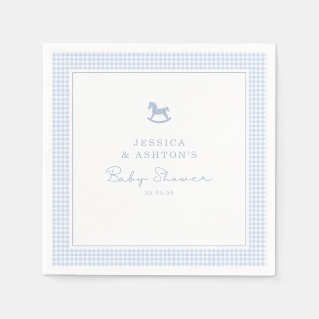 Blue Gingham Rocking Horse Baby Shower Napkin Pappersservett (Framsidan)