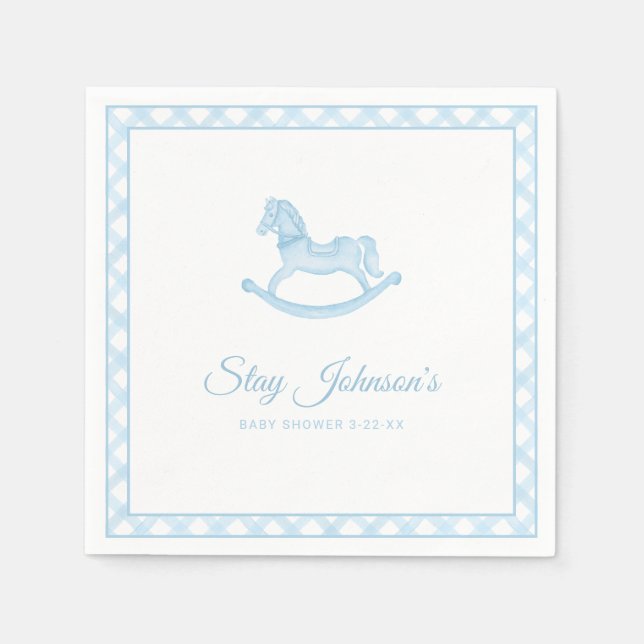 Blue Gingham Rocking Horse Baby Shower Napkins Pappersservett (Framsidan)