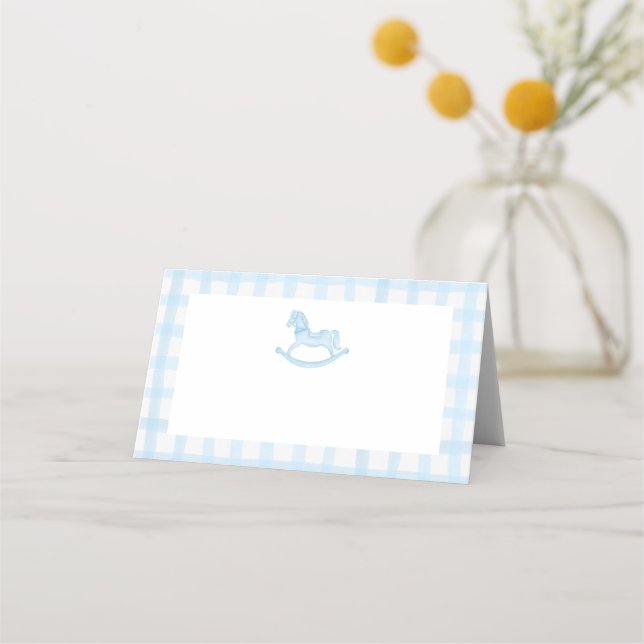 Blue Gingham Rocking Horse Baby Shower Place Card Placeringskort (Framsida)