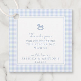 Blue Gingham Rocking Horse Baby Shower Tack Gåvor Etiketter