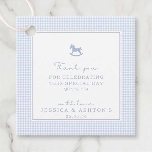Blue Gingham Rocking Horse Baby Shower Tack Gåvor Etiketter (Framsida)