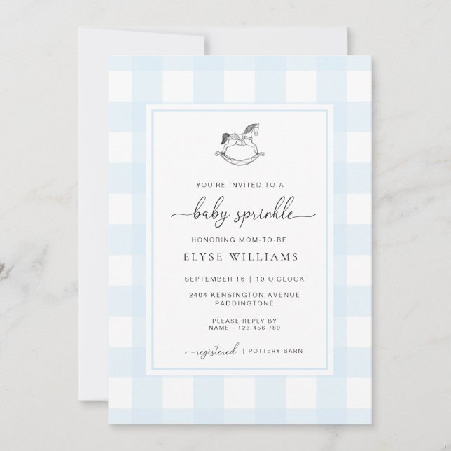 Blue Gingham Rocking Horse Baby Sprinkle Inbjudningar (Framsida)