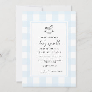 Blue Gingham Rocking Horse Baby Sprinkle Inbjudningar