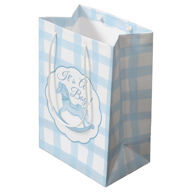 Blue Gingham Rocking Horse Boy Baby Gift Bag (Baksidan Vinklad)