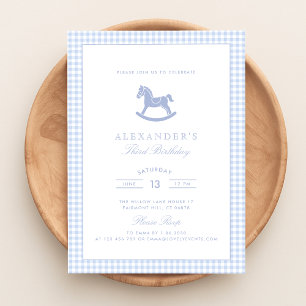 Blue Gingham Rocking Horse Boy Birthday Inbjudningar