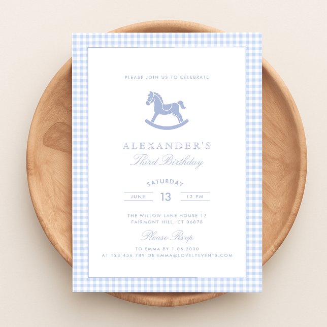 Blue Gingham Rocking Horse Boy Birthday Inbjudningar (Skapare uppladdad)